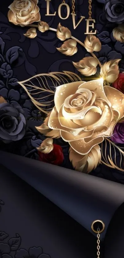 Elegant dark floral wallpaper with golden roses.