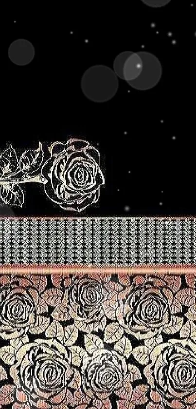 Elegant floral wallpaper with roses on black background.