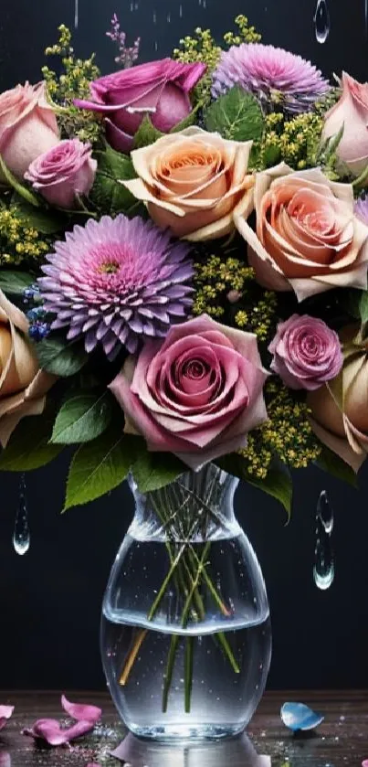 Elegant bouquet of pink and purple flowers in a vase with a dark background.