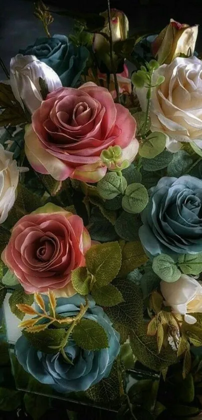 Elegant mobile wallpaper with colorful roses and lush green leaves.