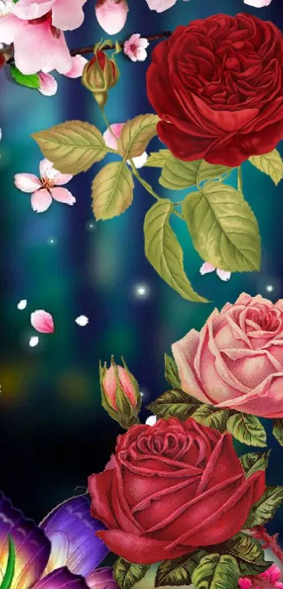 Beautiful floral wallpaper with roses and butterflies on a vibrant gradient background.