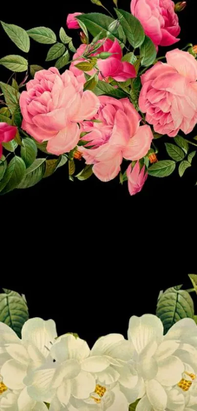 Elegant floral wallpaper with pink and white flowers on a black background.