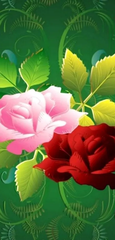 Floral wallpaper with red and pink roses on a green background.