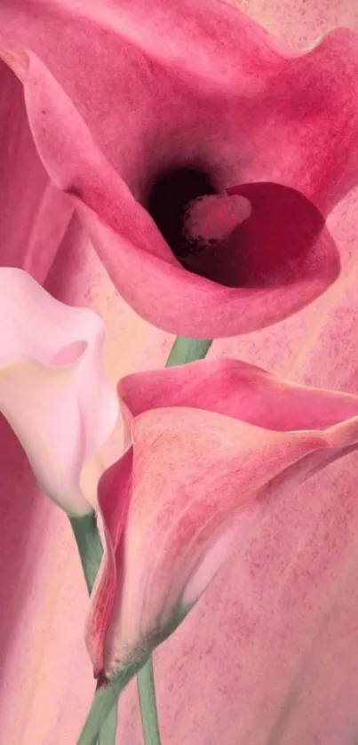 Elegant pink calla lilies wallpaper for mobile phone.