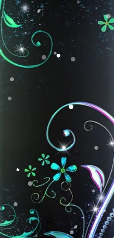 Elegant floral wallpaper with glowing swirls and dark background.