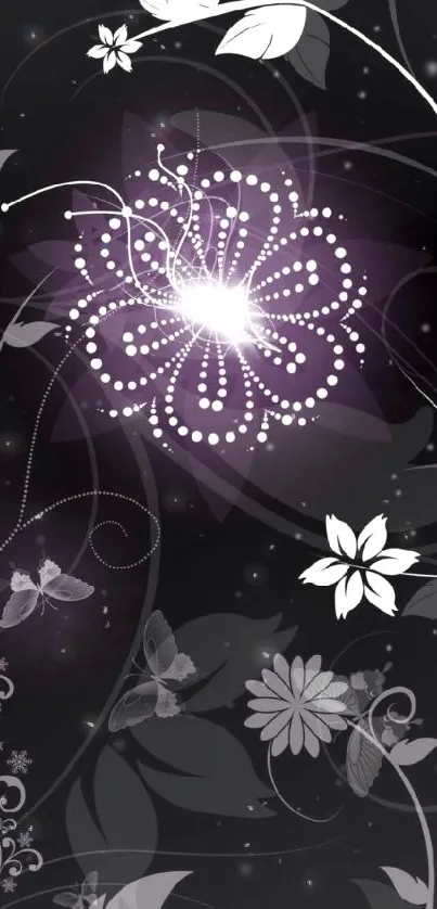 Elegant black floral wallpaper with glowing white designs.