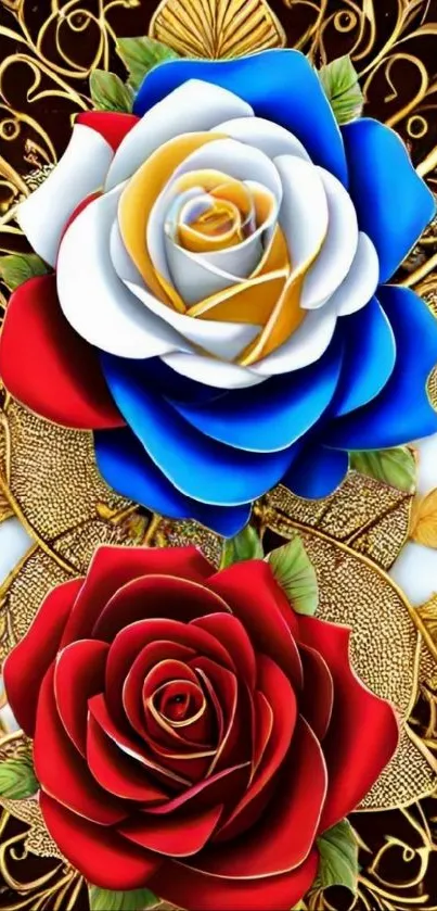 Elegant mobile wallpaper with blue and red roses on a golden background.