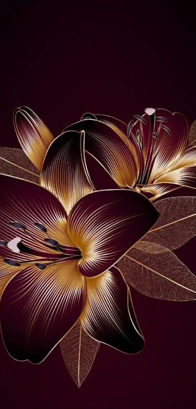 Elegant maroon and gold floral smartphone wallpaper.