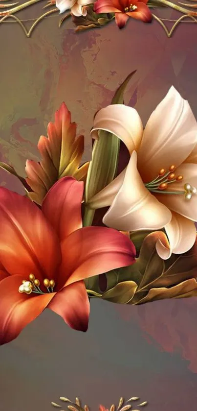 Elegant floral wallpaper with lilies in vibrant colors on a delicate background.