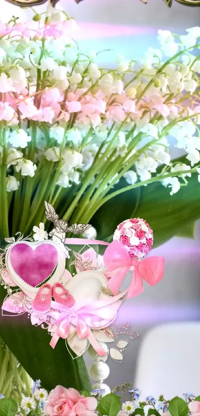 Elegant floral wallpaper with pink and white lilies and romantic heart motifs.