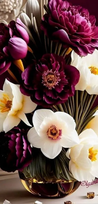 Elegant floral wallpaper with maroon and white flowers in a vase.