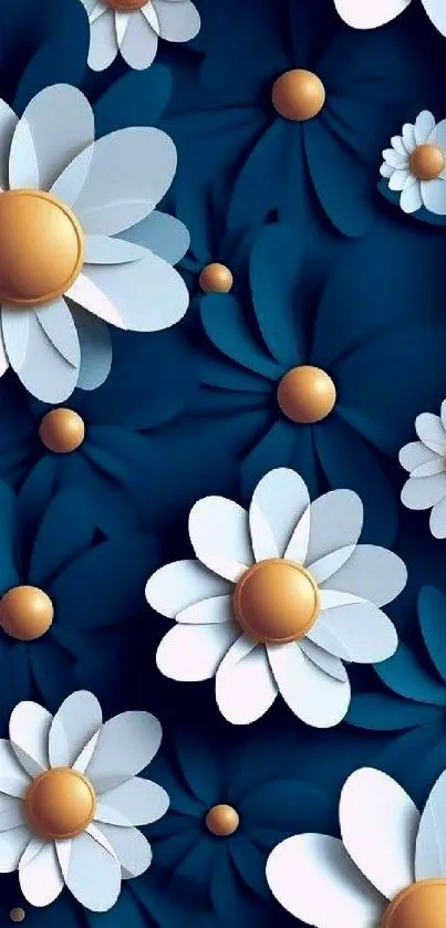 Elegant mobile wallpaper with daisies on a deep blue background.