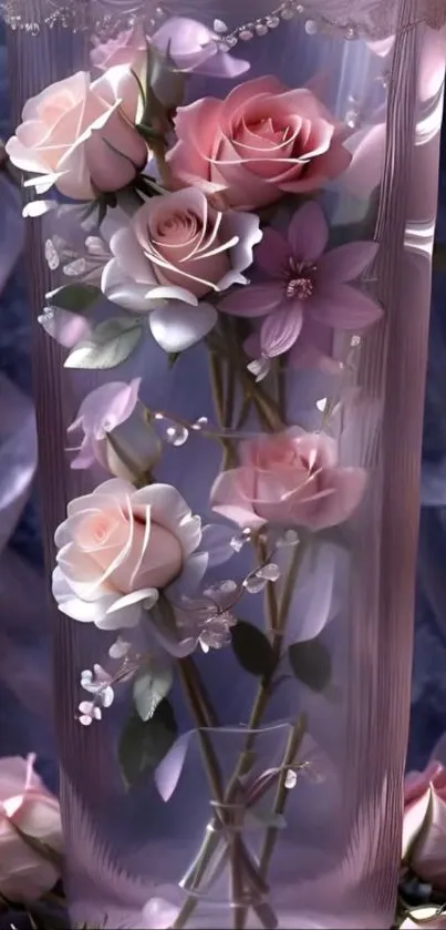 Elegant pink and white roses in a vase wallpaper.