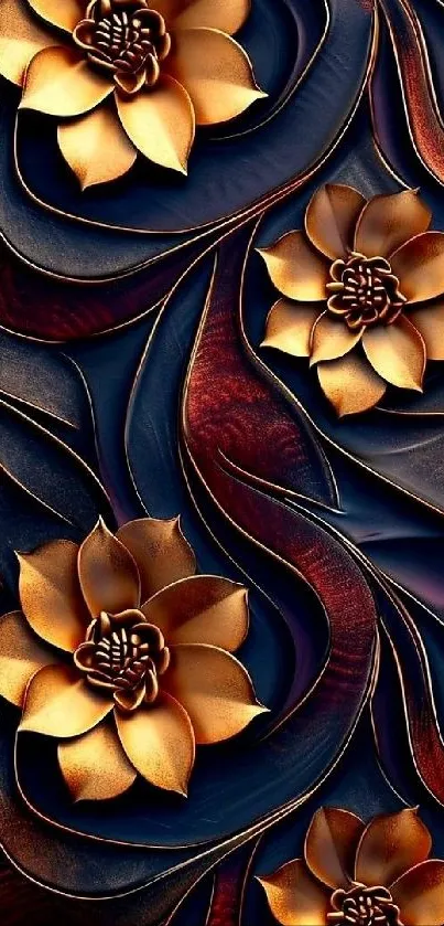 Elegant dark wallpaper with golden floral design.