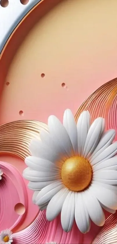 Floral abstract wallpaper with daisies on a pink background.
