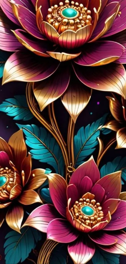 Elegant wallpaper with purple lotus flowers and intricate leaves.