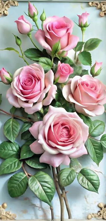 Pink rose flowers with green leaves in an ornate framed design.