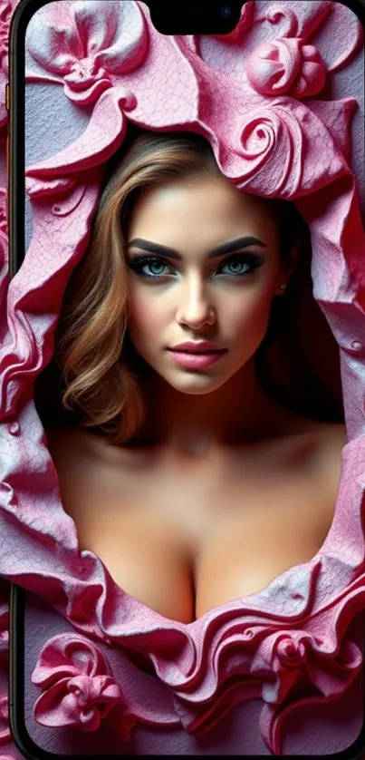 Elegant floral phone wallpaper with portrait framed by pink flowers.