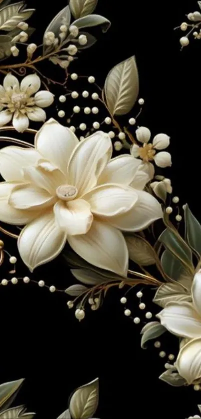 Elegant cream floral wallpaper with black background.