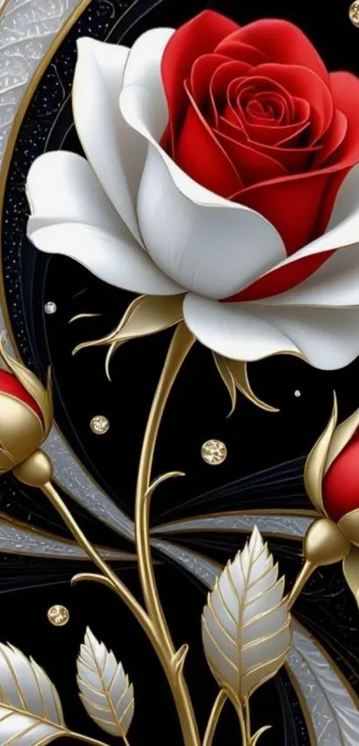 Elegant wallpaper with red and white roses and gold accents.