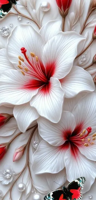 Elegant floral wallpaper with white and red flowers.