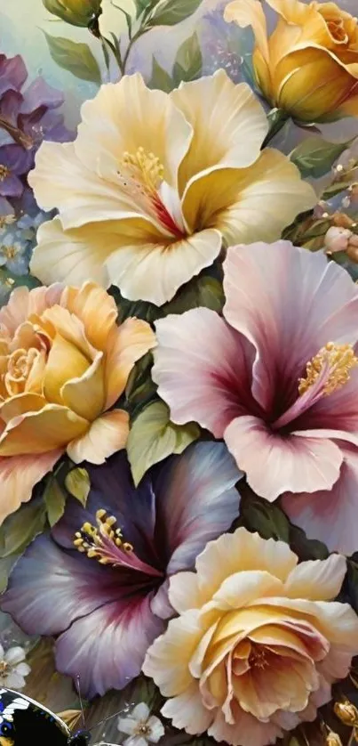 Elegant floral wallpaper with roses and hibiscus blooms.