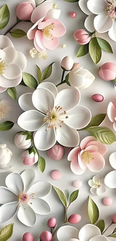 Elegant floral wallpaper with pink and white flowers.