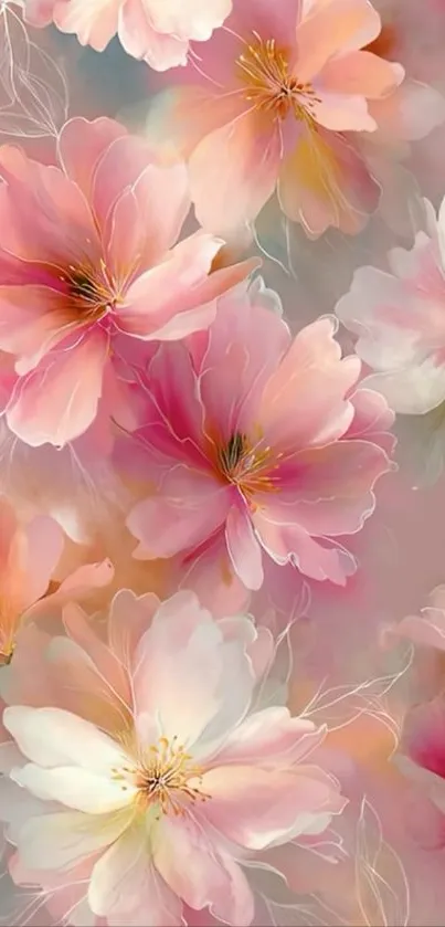 Elegant floral wallpaper with pink and white blossoms.