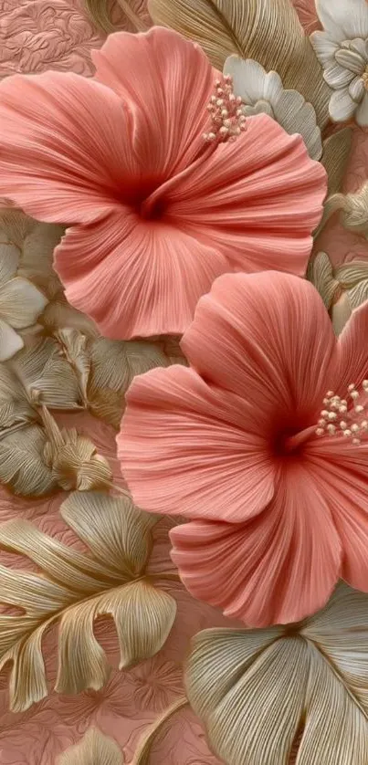 Elegant wallpaper with coral hibiscus flowers and leaves