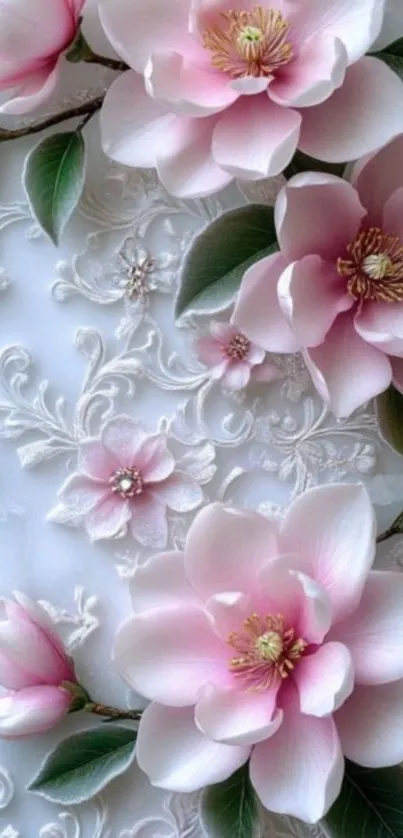 Elegant pink flowers with white lace design wallpaper.