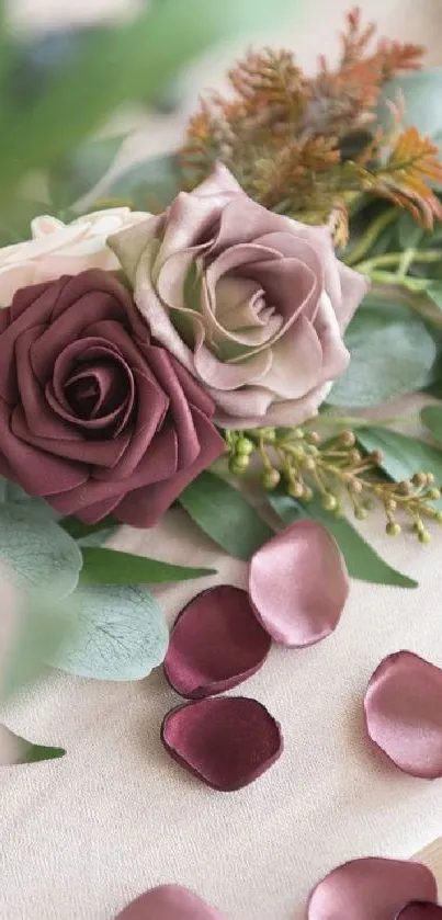 Elegant floral wallpaper with burgundy roses and green leaves.