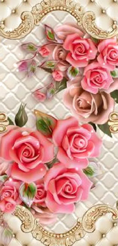 Elegant wallpaper with pink roses and golden ornate design.