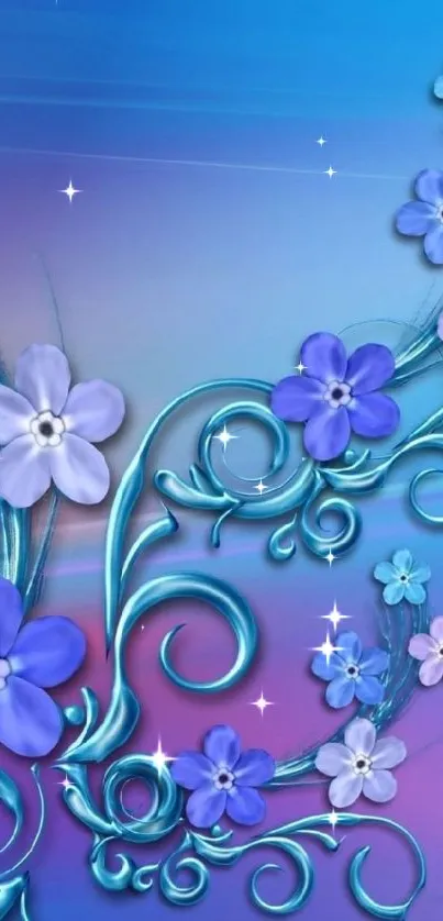 Elegant blue and purple floral wallpaper with swirling patterns.