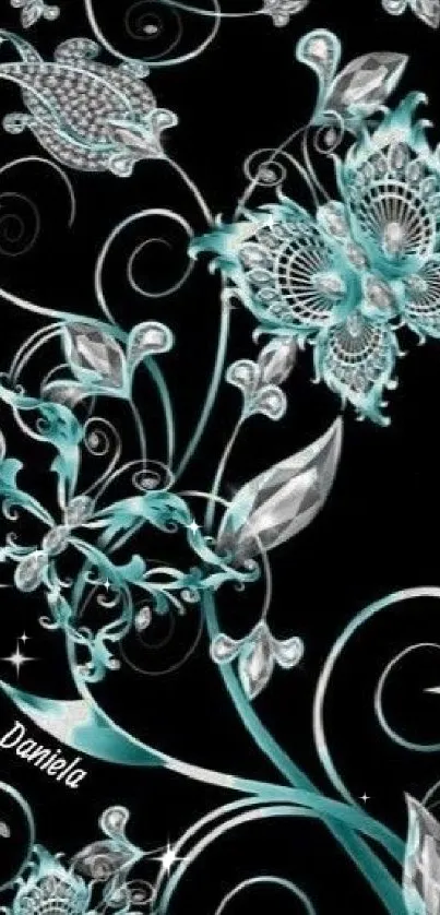 Elegant floral wallpaper with turquoise and silver against a black background.