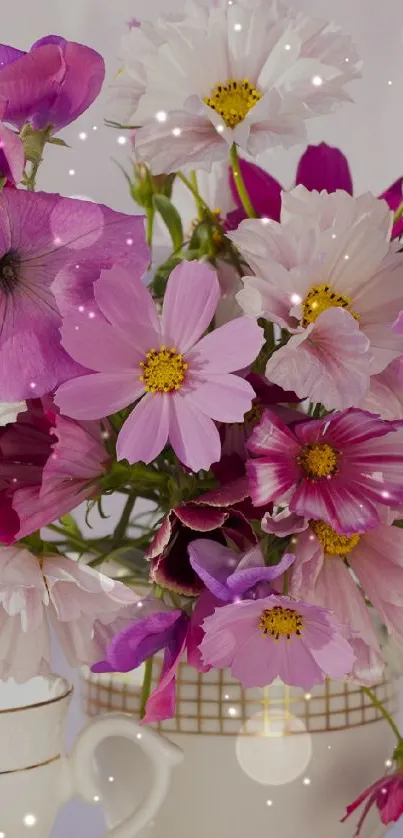 Pink and white flowers in an elegant vase wallpaper.