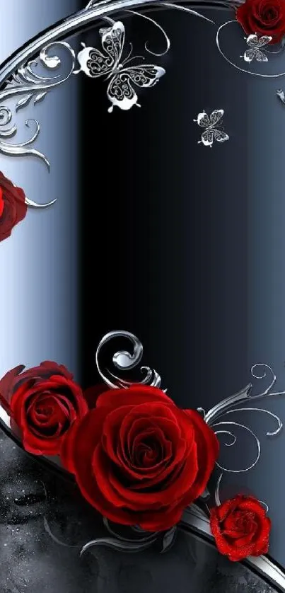 Elegant mobile phone wallpaper with red roses and silver details.