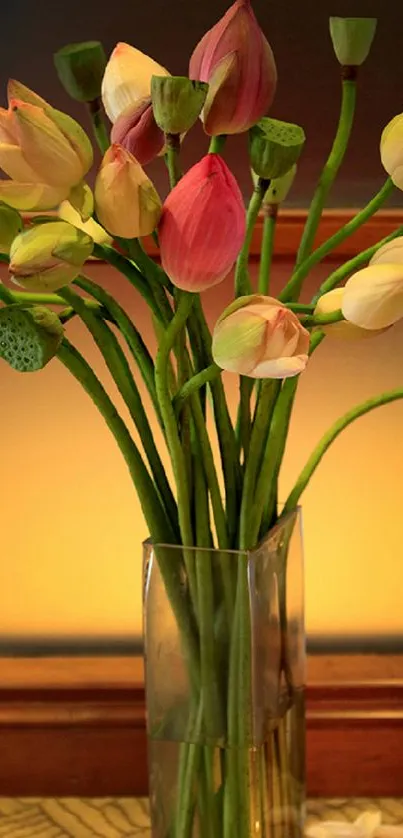 Elegant wallpaper with lotus buds in a glass vase, surrounded by petals.