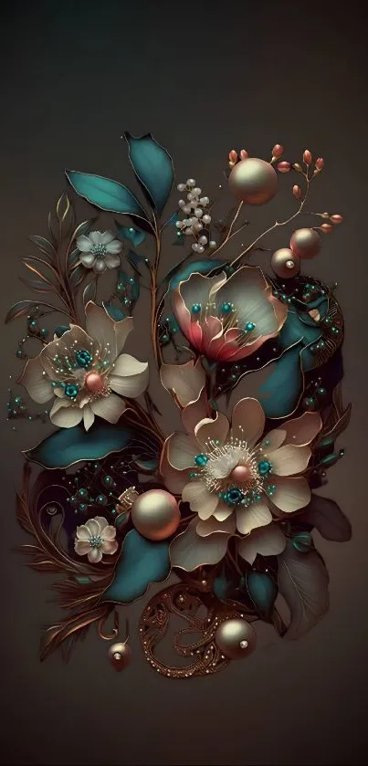 Intricate floral design mobile wallpaper in dark tones.