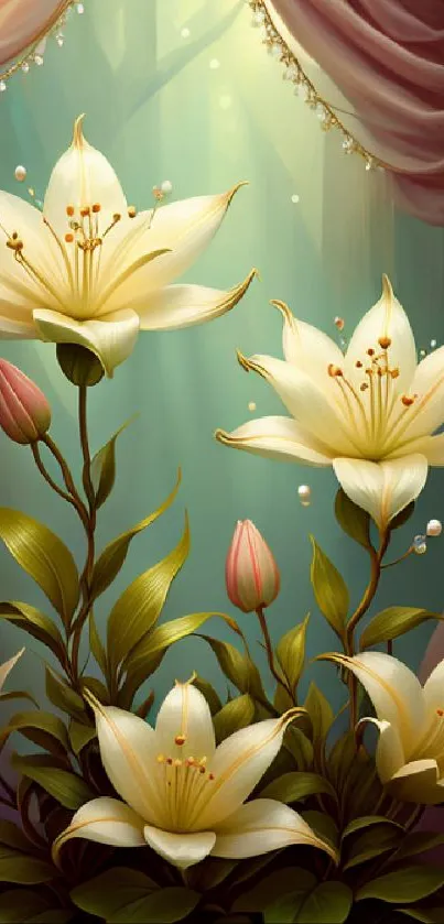 Elegant lilies with drapes background, perfect phone wallpaper.