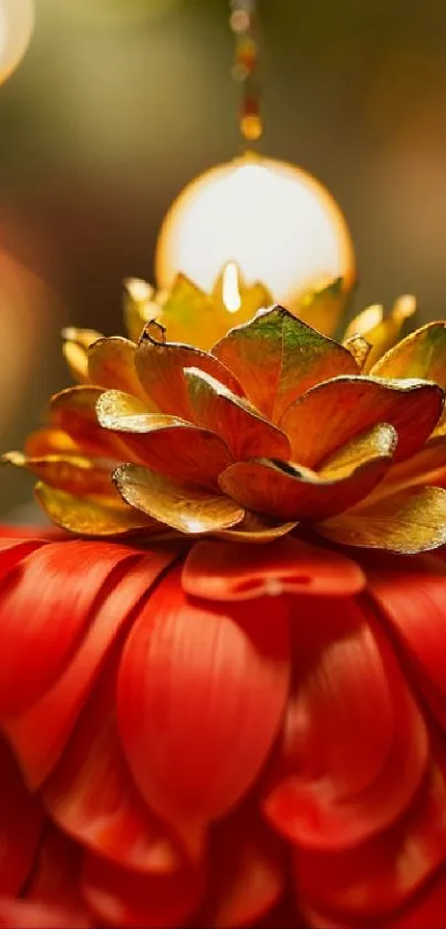 Vibrant red and gold flower with bokeh light in elegant phone wallpaper.