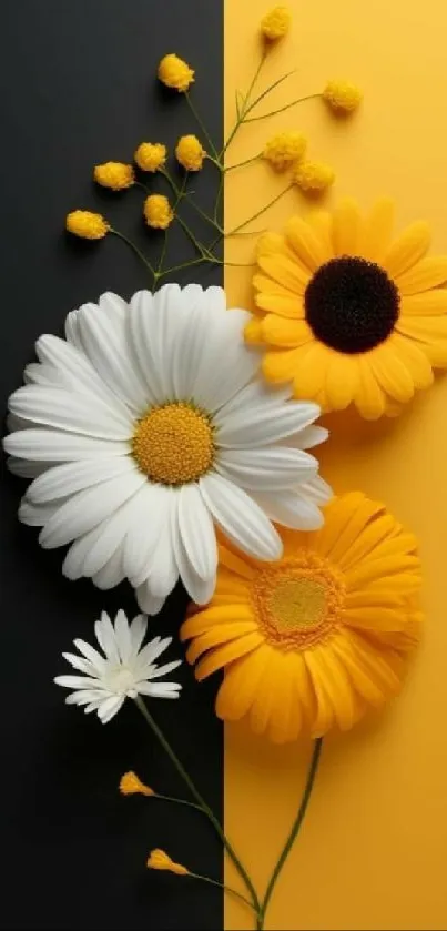 Elegant daisy floral wallpaper with black and yellow background.