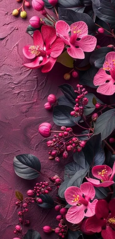 Pink flowers with dark leaves on textured wallpaper background.