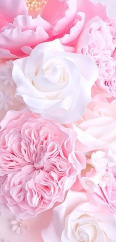 Pink and white roses floral wallpaper with elegant details.