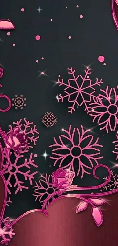 Pink floral wallpaper with roses and snowflakes.