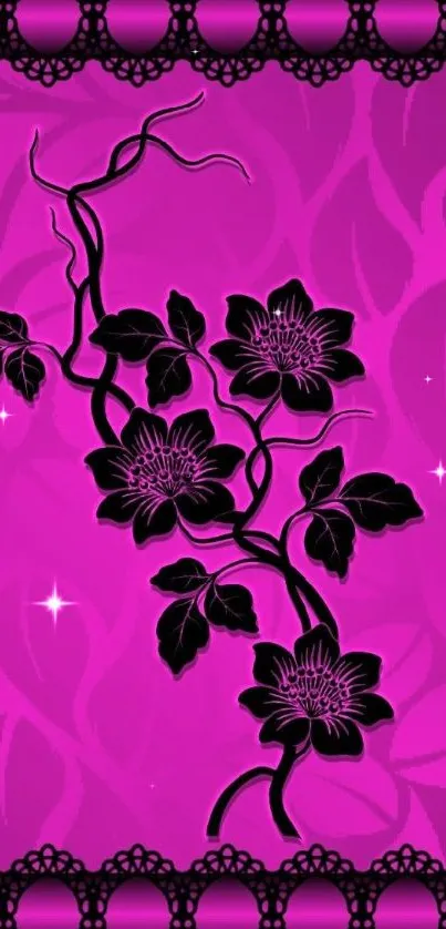 Elegant pink wallpaper with black floral design.