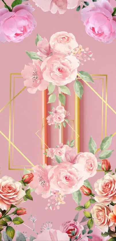 Elegant pink floral wallpaper with roses and geometric shapes.