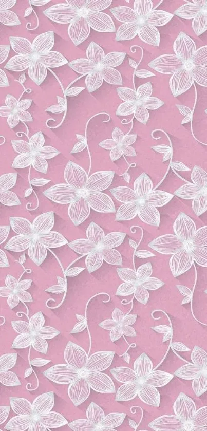 Pink wallpaper with white floral pattern.