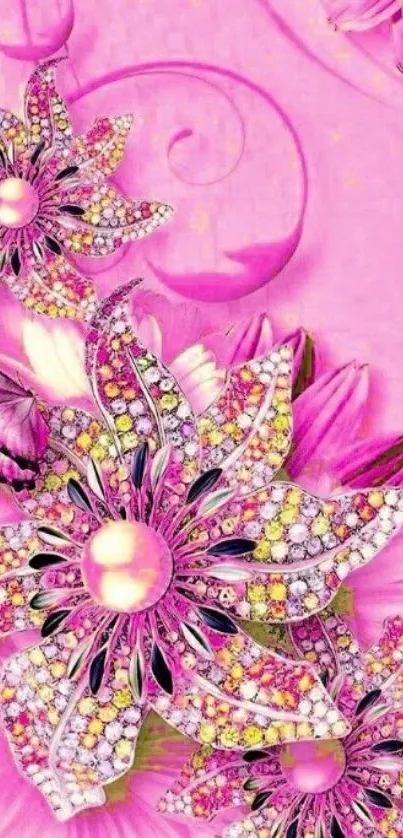 Pink floral mobile wallpaper with jeweled flowers and a butterfly.