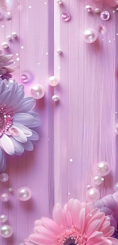 Pastel floral wallpaper with delicate flowers and pearlescent accents on a purple background.