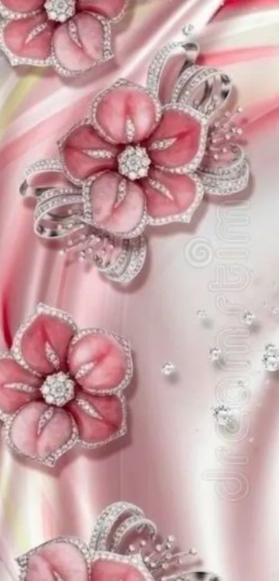 Elegant pink floral wallpaper with shimmering details.